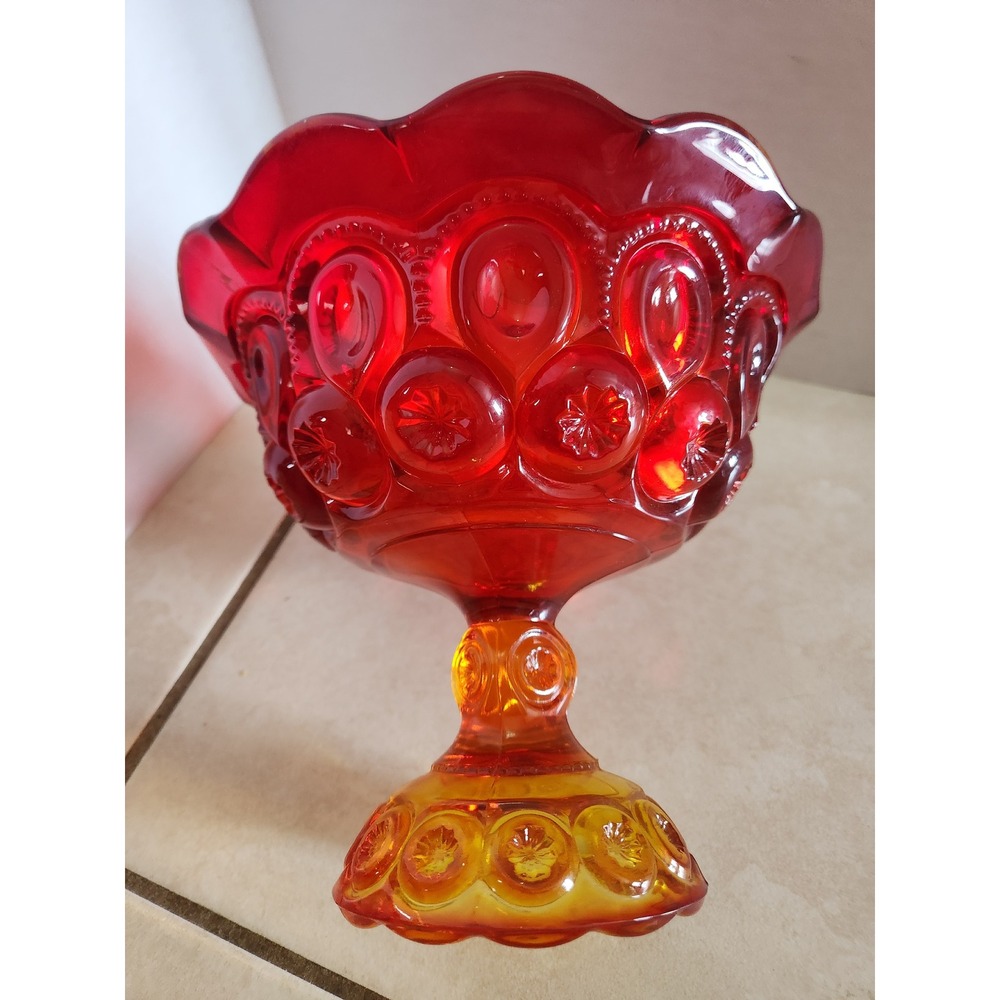 Vintage LE Smith Moon and Star Amberina Glass Pedestal Bowl Compote Red Orange - Picture 6 of 9